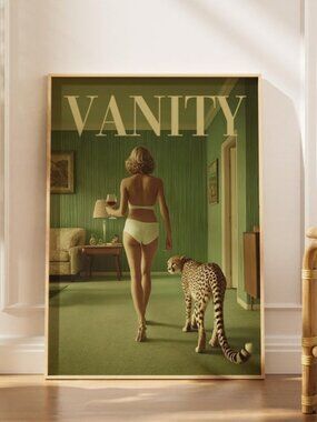 Vintage Animal Wall Art, Vanity Art Print, Surreal Woman with Cheetah Poster